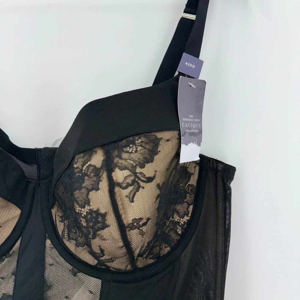 Cacique Black Lace Corset 42DD Underwire Sheer Dark Coquette Whimsigoth  NEW‎ - Picture 8 of 10